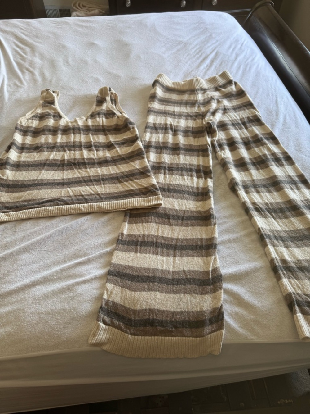 Free People Cream and Brown Striped Knit Tank + Wide-Leg Pants Set
